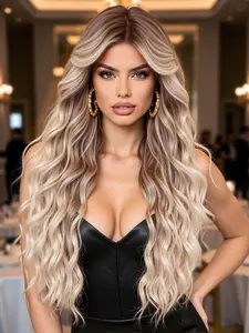 28-Inch Gradient Gold Long Wavy Wig for Women, Natural Synthetic Fiber, Ideal for Daily Use, Parties, Role Playing, All Seasons, Synthetic Bodywave Wig, Wavy Synthetic Wigs