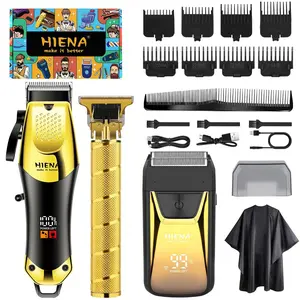 Black & Gold 3-Piece Men's Grooming Kit｜LCD Display & USB Fast Charge, All-in-One Rechargeable Hair Clipper, Trimmer & Shaver with Guide Comb + Cleaning Brush. A Thoughtful Gift for Men