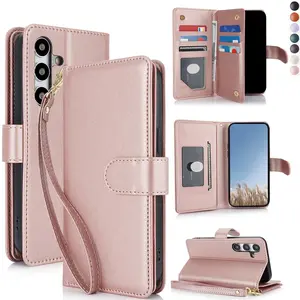 PU Leather Flip Wallet Design Phone Case with Wrist Strap, 1 Count Multi Card Slots Phone Case, Phone Accessories Compatible with Samsung Galaxy A36 A16 A06 Phone Cover Casing