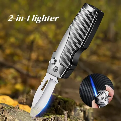 2-in-1 Lighter & Carbon Fiber Compact Folding Knife with Safety Lock, Portable Home Supply Accessory for Camping, Ideal Men's Gift (Butane Gas Not Included)