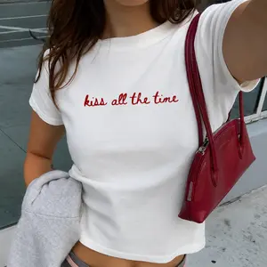 Kiss All The Time Baby Tee, Coquette Aesthetic Graphic Shirt for Women, French Girl Style Tee, Trendy Red Text Y2K Top