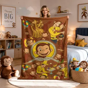 A Cartoon-Themed Curious George The Monkey Peach Skin Blanket, Suitable for All Seasons, Can Be Used for Cheering, Wall Decoration, Modern Design, Serves As a Photo Backdrop Prop, an Ideal Choice  Lightweight, skin-friendly, soft and durable