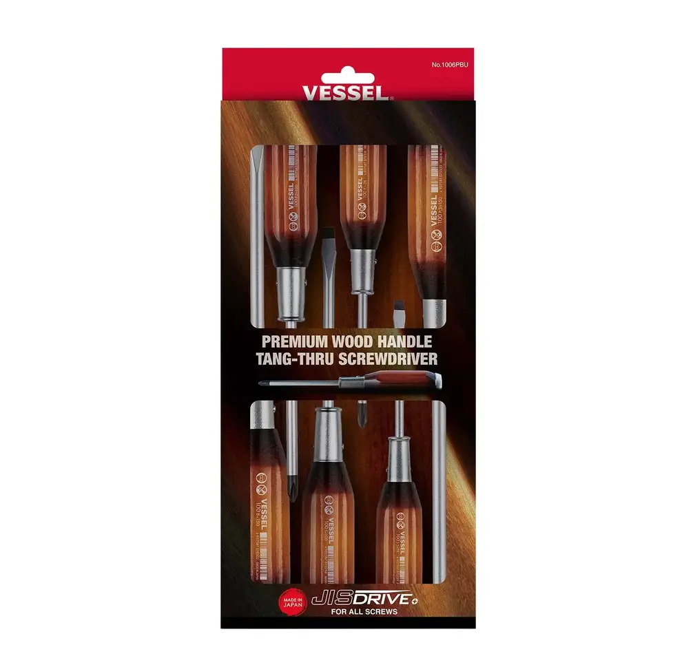 Vessel Premium Wood Handle Tang-Thru Screwdriver 6PC. Set VL 1006PBU
