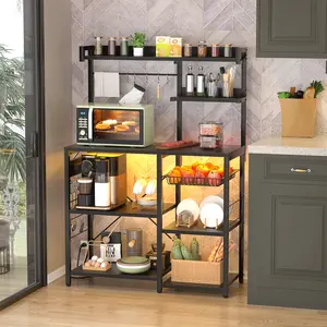 iSunirm Bakers Rack for Kitchen with Power Outlet, 7-Tier Microwave Stand with Wire Basket, Farmhouse Kitchen Coffee Bar with Side Hooks, Utility Shelf for Kitchen Furniture