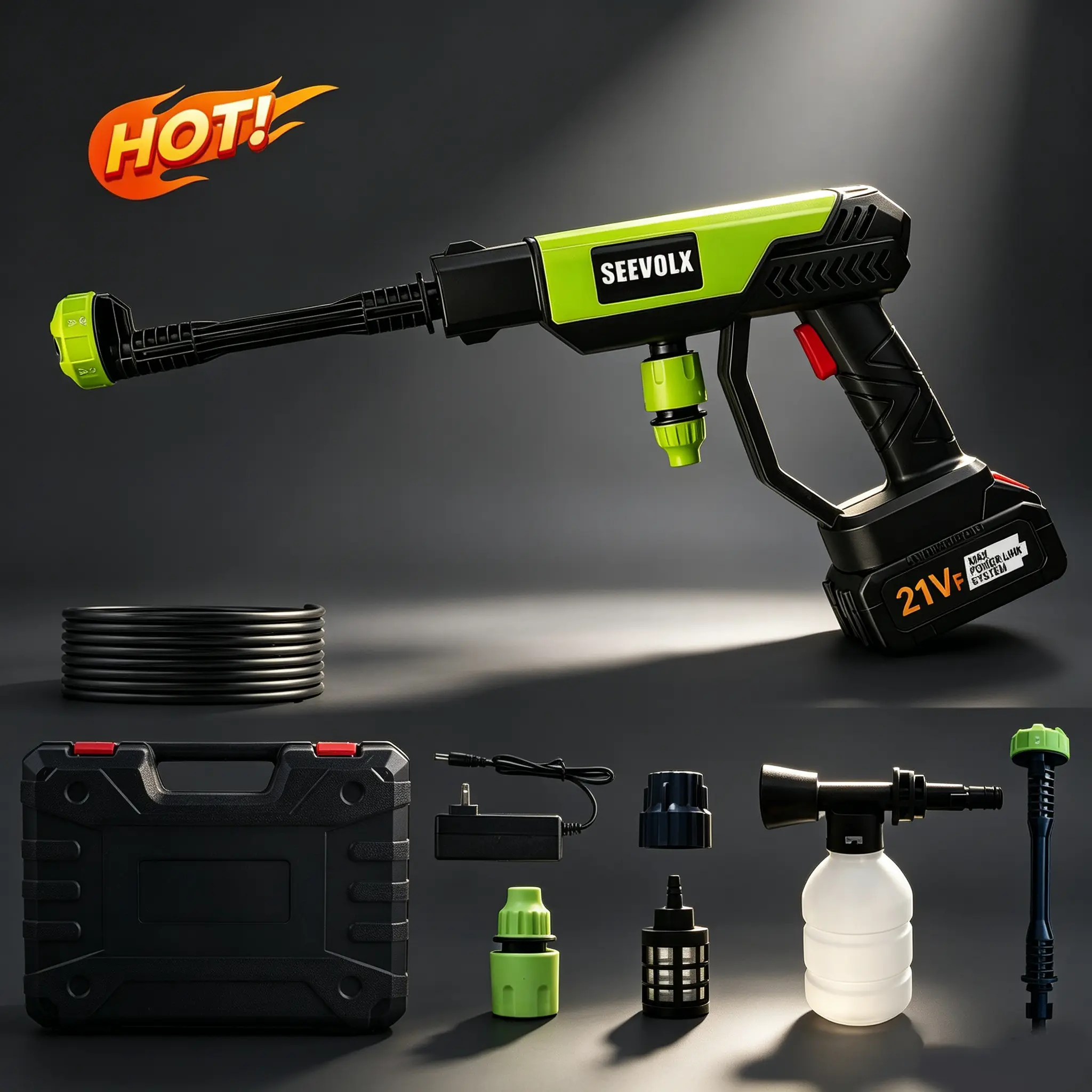 SEEVOLX 21V Cordless Electric Pressure Washer - Battery-Powered Car Washing Cleaner, Includes 2 Batteries for Driveway & Outdoor Siding