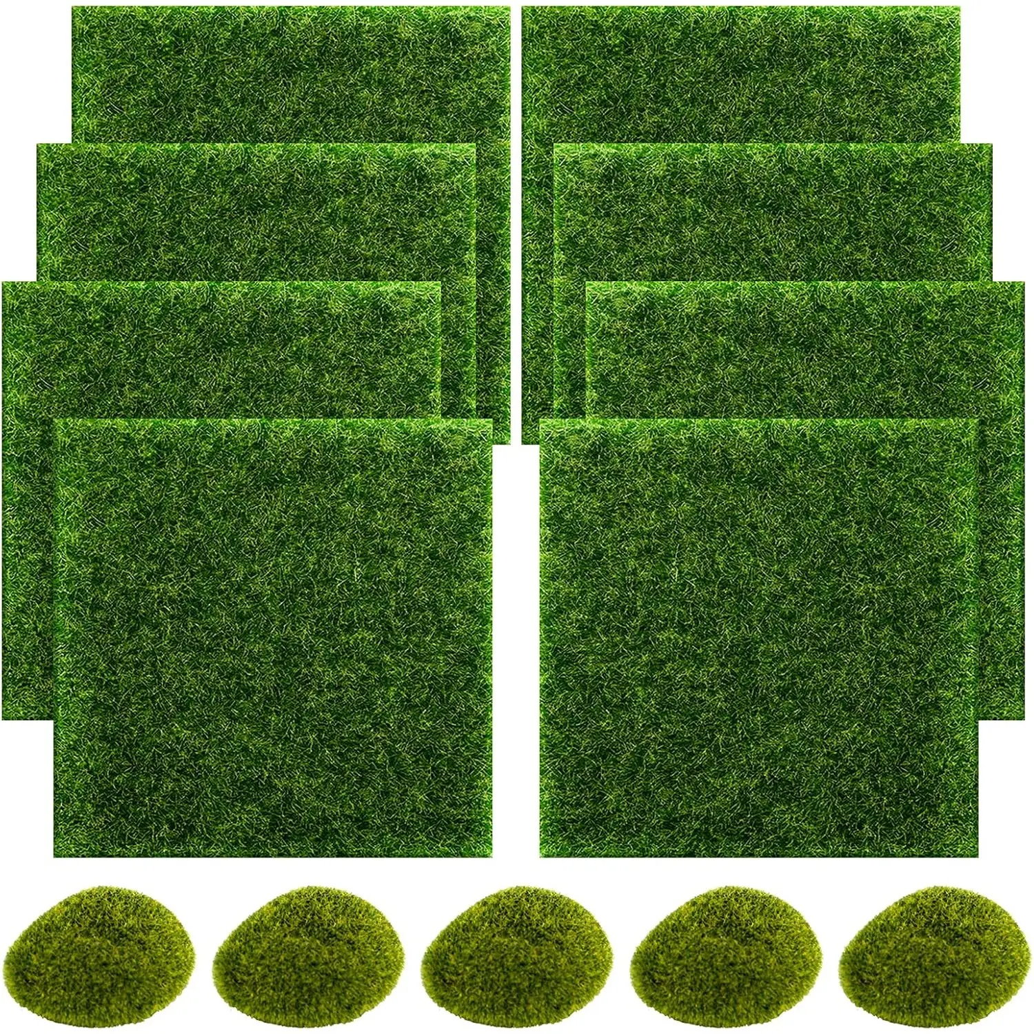 High Quality EVA Fairy Miniature Turf & Moss Rock Ornaments Set - 13 Pieces Total, 8 Square 6x6 in Turf Patches, 5 Realistic Look Decorative Moss Rocks for Succulent Potted Plants, Bonsai Micro Landscapes