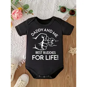 Cute Baby Bodysuit with Daddy And Me Best Buddies For Life Print Soft Versatile Round Neck Button Detail Regular Fit All Seasons Knitted Fabric Onesie for 0-12 Months