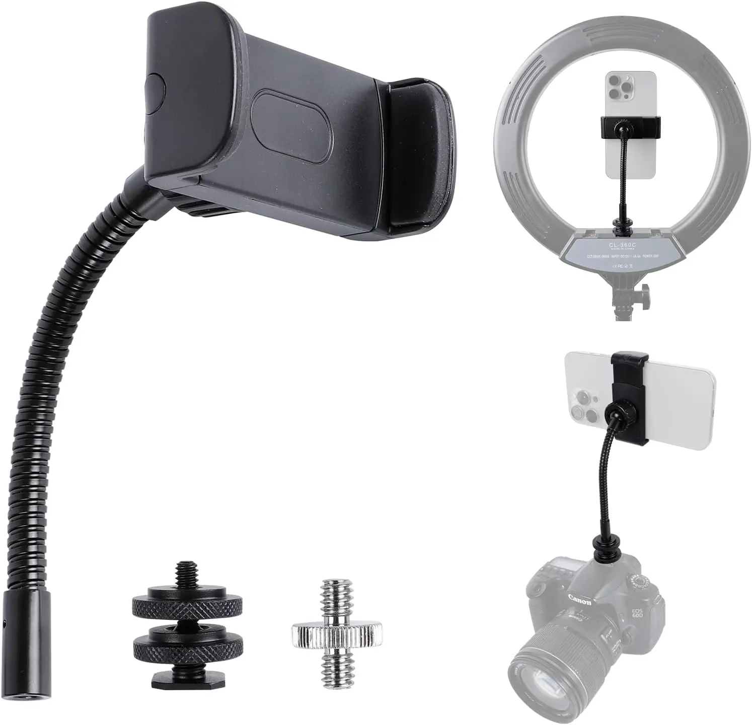 Universal Phone Holder for Ring Light, 1/4"-20 and Hot Shoe Adapter, Flexible Phone Mount for Ring Light and Tripod Stand Replacement