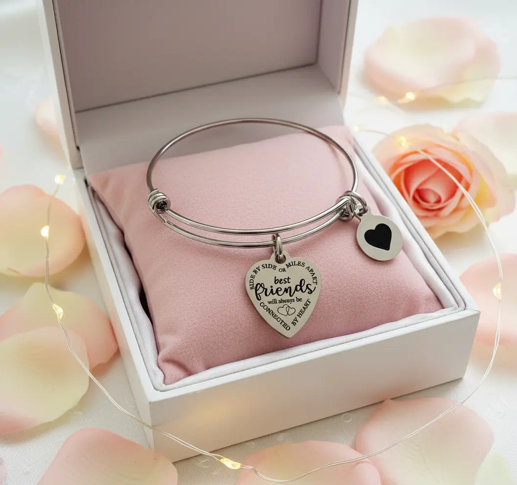 Best Friends Bangle - Side by Side or Miles Apart Heart Charm Bracelet for True Friends