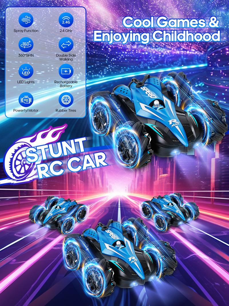 Fygurso Remote Control Car RC Cars with Sides Light Strip and Headlights Double Sided 360 Flips Rotating RC Stunt Car,2.4Ghz All Terrain Toys for Kids Toy for Boys Girls Birthday Gift(Blue)