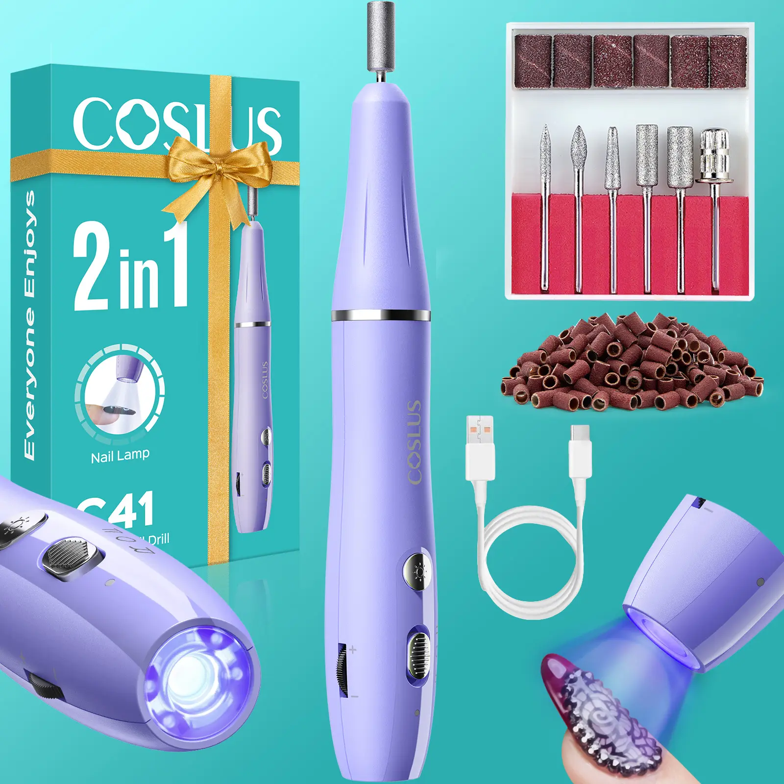 COSLUS C41 Cordless Nail Drill: 2-in-1 Portable Nail Drill Set with uv led nail lamp, Professional for Crystal Gel Dip Powder Nail Art,Manicure,Cutics,foot callusremover with Nail Drill Bits and Sanding Tool Belt,Nail Care,skin smooth SummerFinds