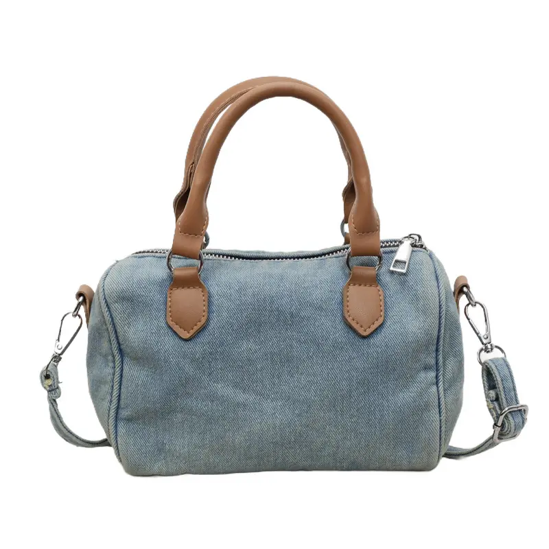 Denim Shoulder Bag for Women, Mini Barrel Crossbody Bag with Top Handle, Small Jean Handbag with Zipper Closure and Adjustable Strap, Casual Denim Purse for Daily Travel Shopping Work