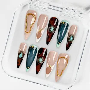 KissMuse Nails 2026 | Midnight Eclipse  | Cool Jungle | 10PCS 100% Handmade Press-On Nails | Reusable Colorful Art Glossy Design Acrylic Luxury Long Lasting 3D Stylish Office Wear Floral Embellished Rhinestone salon-quality