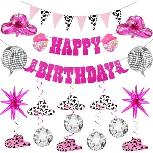 29 count Disco Cowgirl Birthday Party Decorations Western Cowgirl Balloons Hot Pink Hanging Banner Swirl Cowboy Hat Ceiling Streamers for Rodeo Bachelorette Party Decors Supplies Favors Women