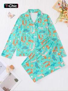 Women's Denim Print Knit Pajama Set, Comfortable Long Sleeve Button Shirt & Elastic Pants, Casual Home Wear for All Seasons