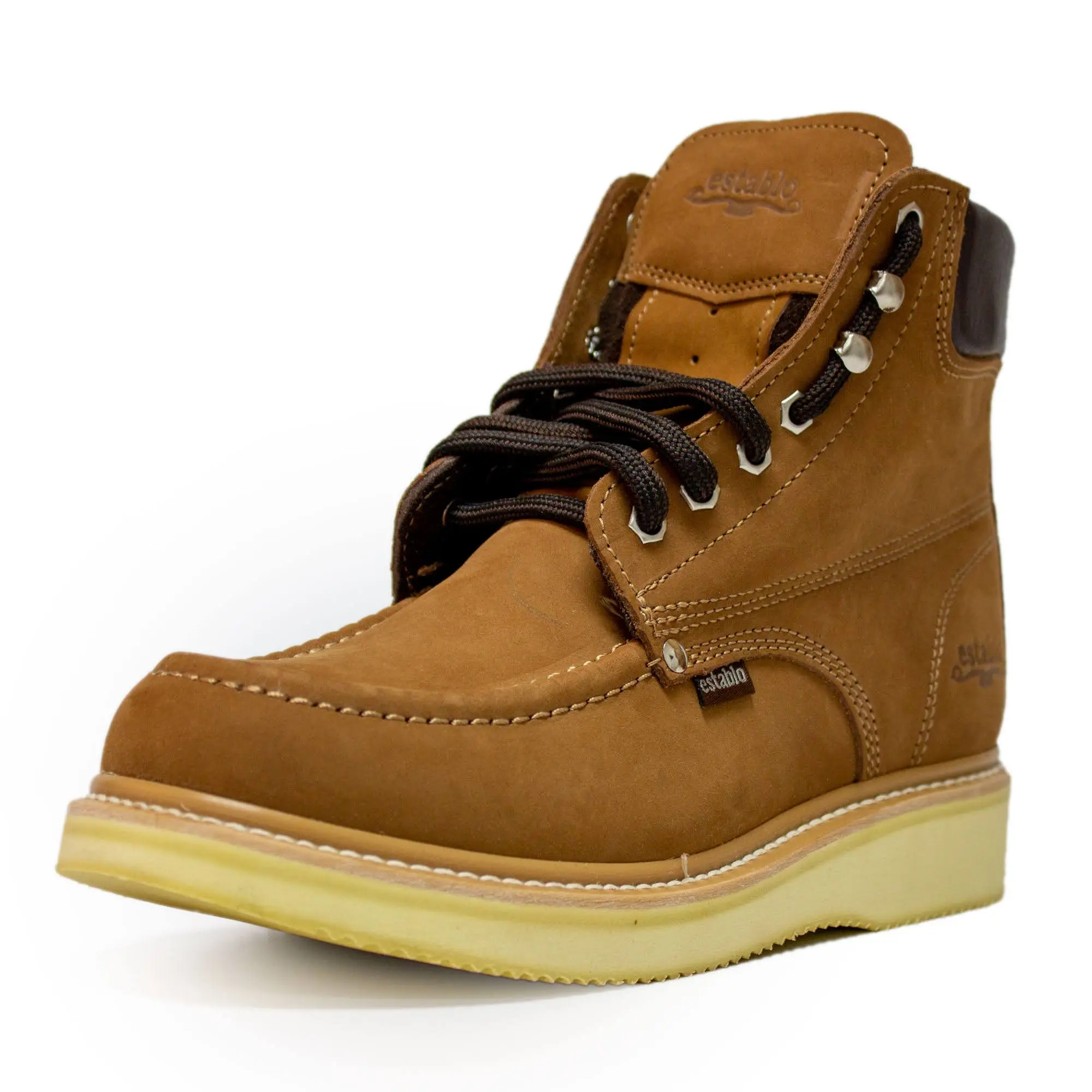 ESTABLO Men's Handmade Moc Soft Toe Work Boot - Tan Cinnamon, Nubuck Finish, Laces, Strength, All Seasons Padded Work & Safety Footwear