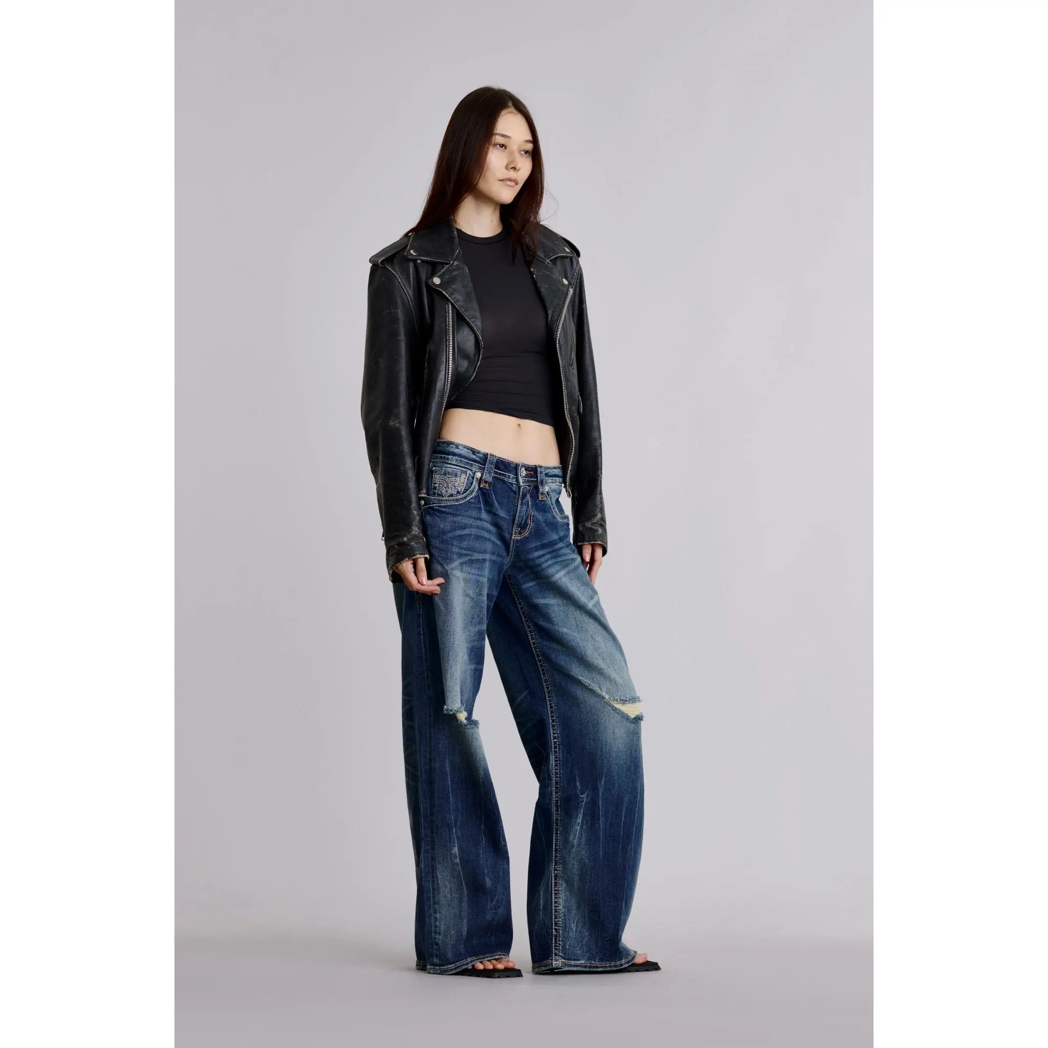 Women's Titania Low-Rise Baggy Wide-Leg Washed Indigo Denim Bottoms - Leather-Accented, Embroidered, Custom, Flattering Fit Jeans