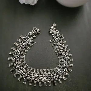 Js Payal Anklets for Women One Pair Traditional Design Silver Tone Ethnic Jewelry