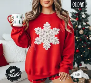 Faux Knit Snowflake Sweatshirt, Trendy Women's Winter Crewneck