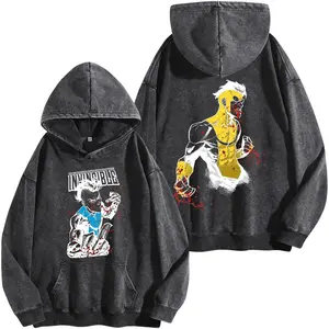 War Scene Comic Graphic Hoodie Washed Oversized Streetwear Heavyweight Cotton Vintage Style Sweatshirt