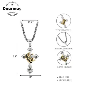 Dearmay CrossCrown Necklace for Men,  Stainless Steel Plain CrossCrown Pendant Necklace for Men Box Chain 23-24 Inch Fashion Jewelry for Gift