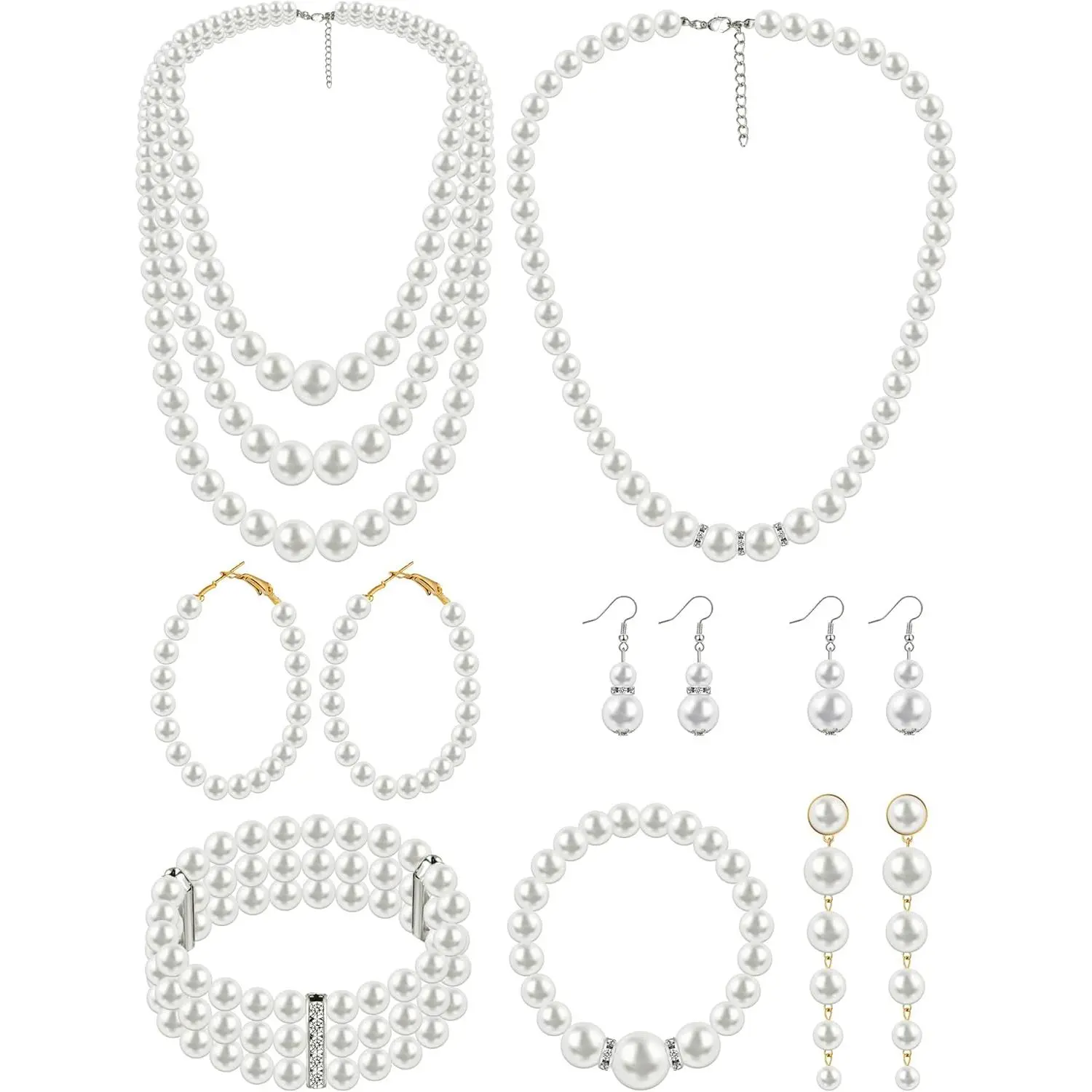 Women's 8-Piece Faux Pearl Jewelry Set - Necklace, Earrings, Bracelet, Bridesmaid Jewelry Set for Wedding, Bridal Shower