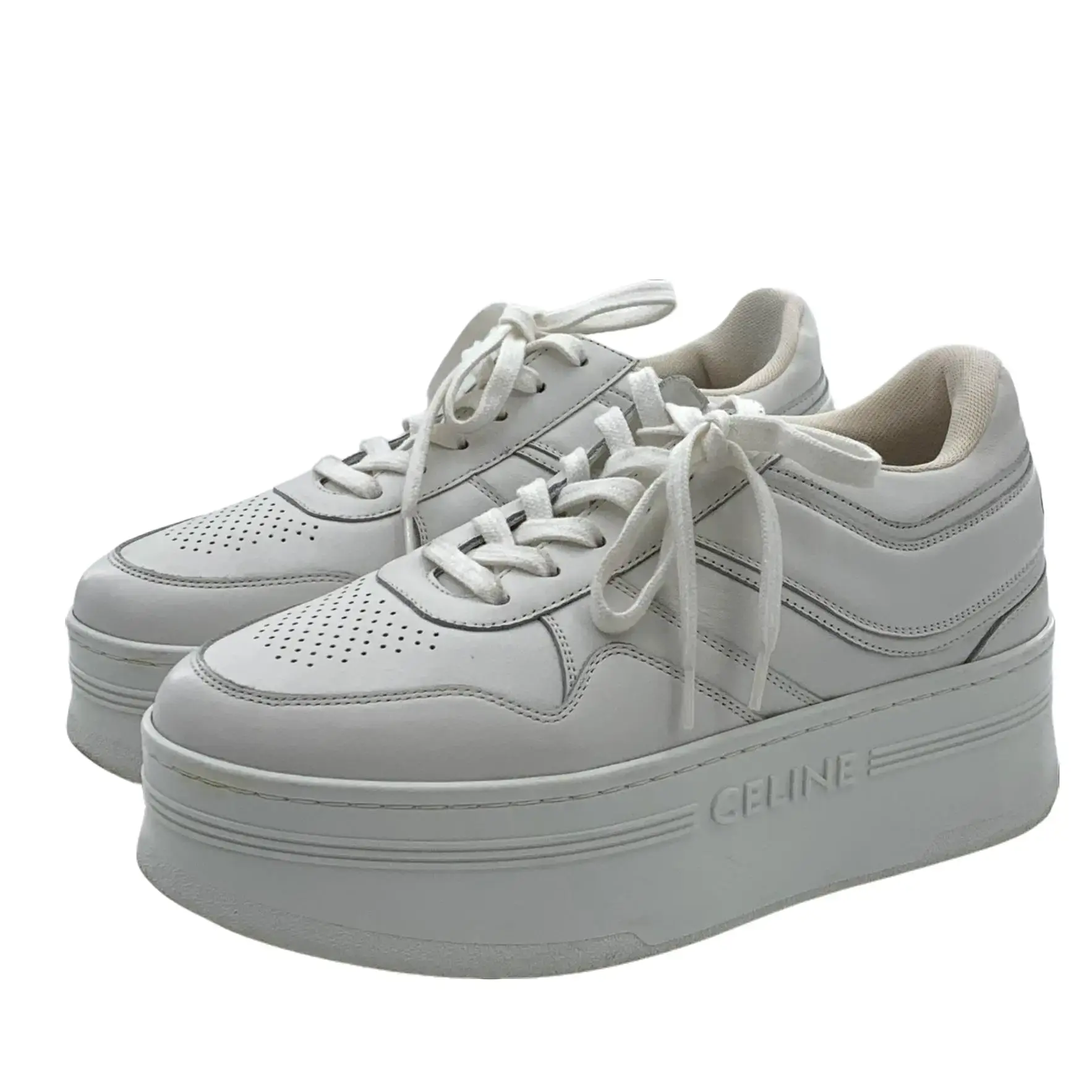 RDLT-Celine Size 39 Block White Platform Logo Lace-Up Sneakers-J36154
