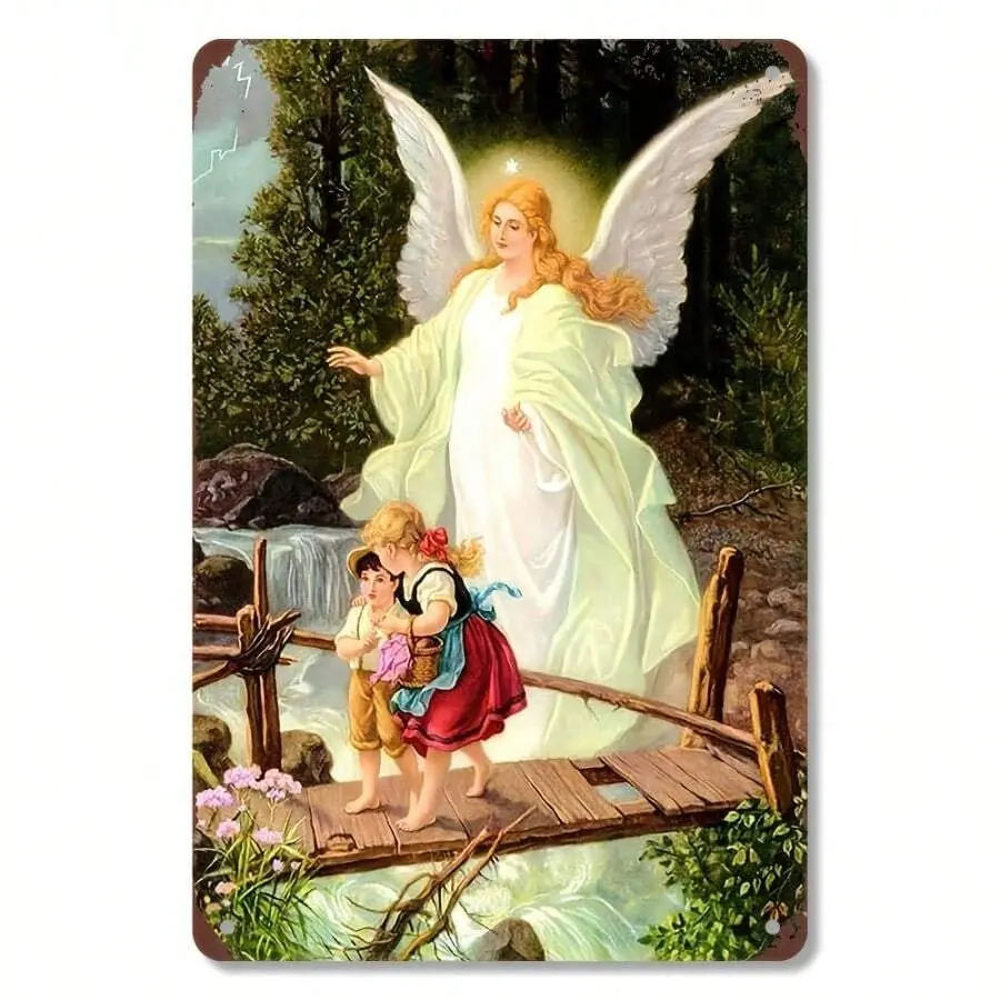 Vintage Metal Wall Artwork - 8x12in Guardian Angel & Youngsters Bridge Crossing Sign, Home Decor Products for Home, Cafe Decoration, Ideal Gift, Angel Scene, Iron Metal, One-Piece