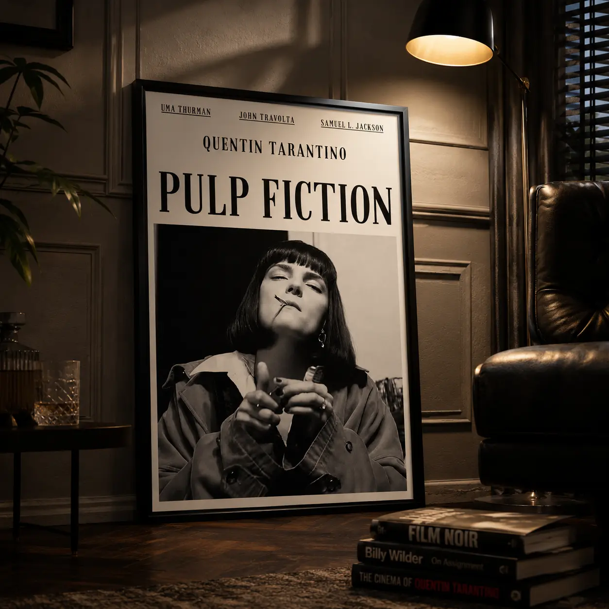 Mia Wallace Black-White Minimal Framed Canvas Wall Art - Quentin Tarantino Pulp Fiction Uma Thurman Portrait, Cult Film Vintage Print, Wood-Alum Frame, Retro Movie Fan Gift for Man Cave Decor
