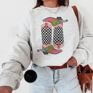 Checkered Boots Sweatshirt, western clothing hoodies, western outfits women, western tops