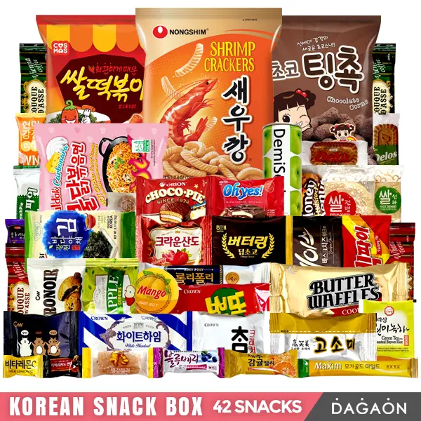 Korean Snack Box - Dagaon 42 Assorted Snacks. Sweet and Savory Chips, Drinks, Ramen, Biscuits, Cookies, Pies, Candies, Jellies and More - Multipack, Gift