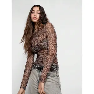 Leopard Print Mesh Long Sleeve Top, Transparent Mesh Fabric, Slim Fit Elastic Design, Round Neck Fitted Base Layer, Bold Leopard Print, Womenswear