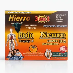 (13) Hierro 3-in-1 Bedo Neuro Activator – Iron, Calcium, L-Lysine and B Complex – 15 Drinkable Ampoules 20ml – Nutritional and Nerve Support