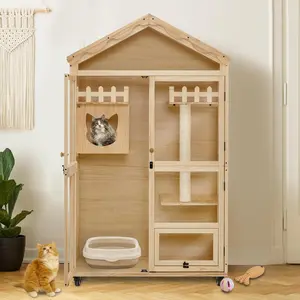【MCombo】Wooden Indoor Cat House with Entrance, Lockable Doors, Wheels, and Cat Villa Design