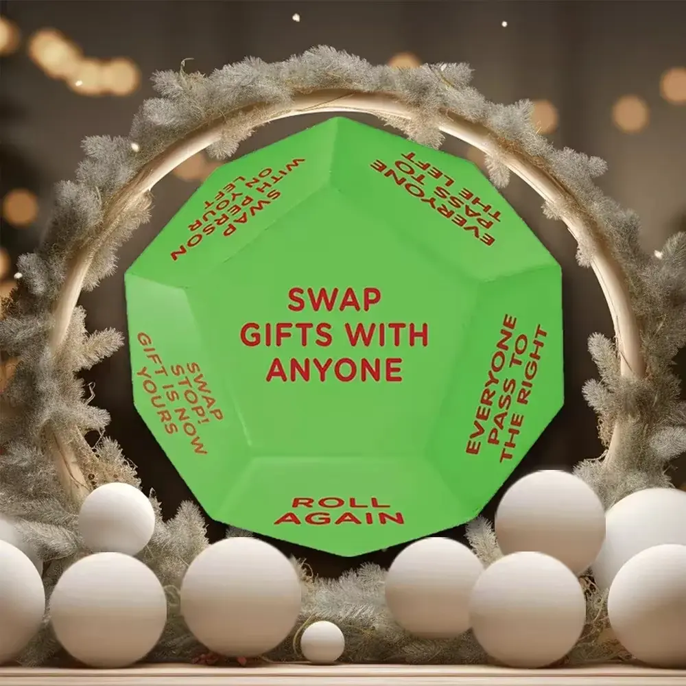 Santa Swap Gift Exchange Dice, 1 Count 12 Different Sides Exchange Dice Game, 2025 New Durable Party Gift Exchange Dice Game, 3*3*3in High-Density Food-Grade Pu Material, Party Activities Supplies, Round Neon Green Polyhedral Dice