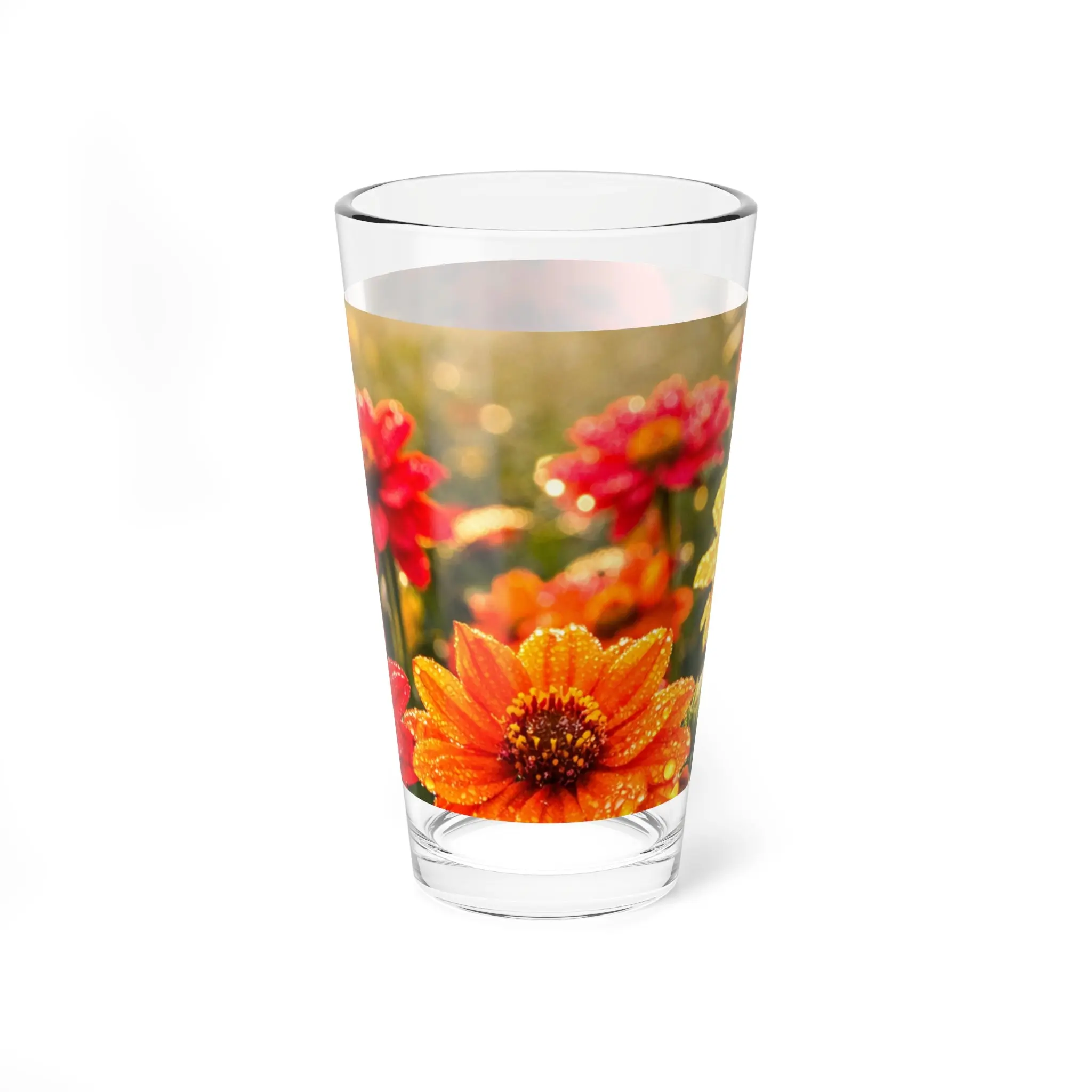 16oz Floral Mixing Glass – Sunrise Zinnia Garden Cocktail Shaker Glass