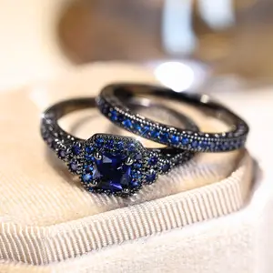 Set of 2 elegant fashion jewelry black and blue shiny rings for women, suitable for dating, engagement or wedding, holiday gift, Mother's day