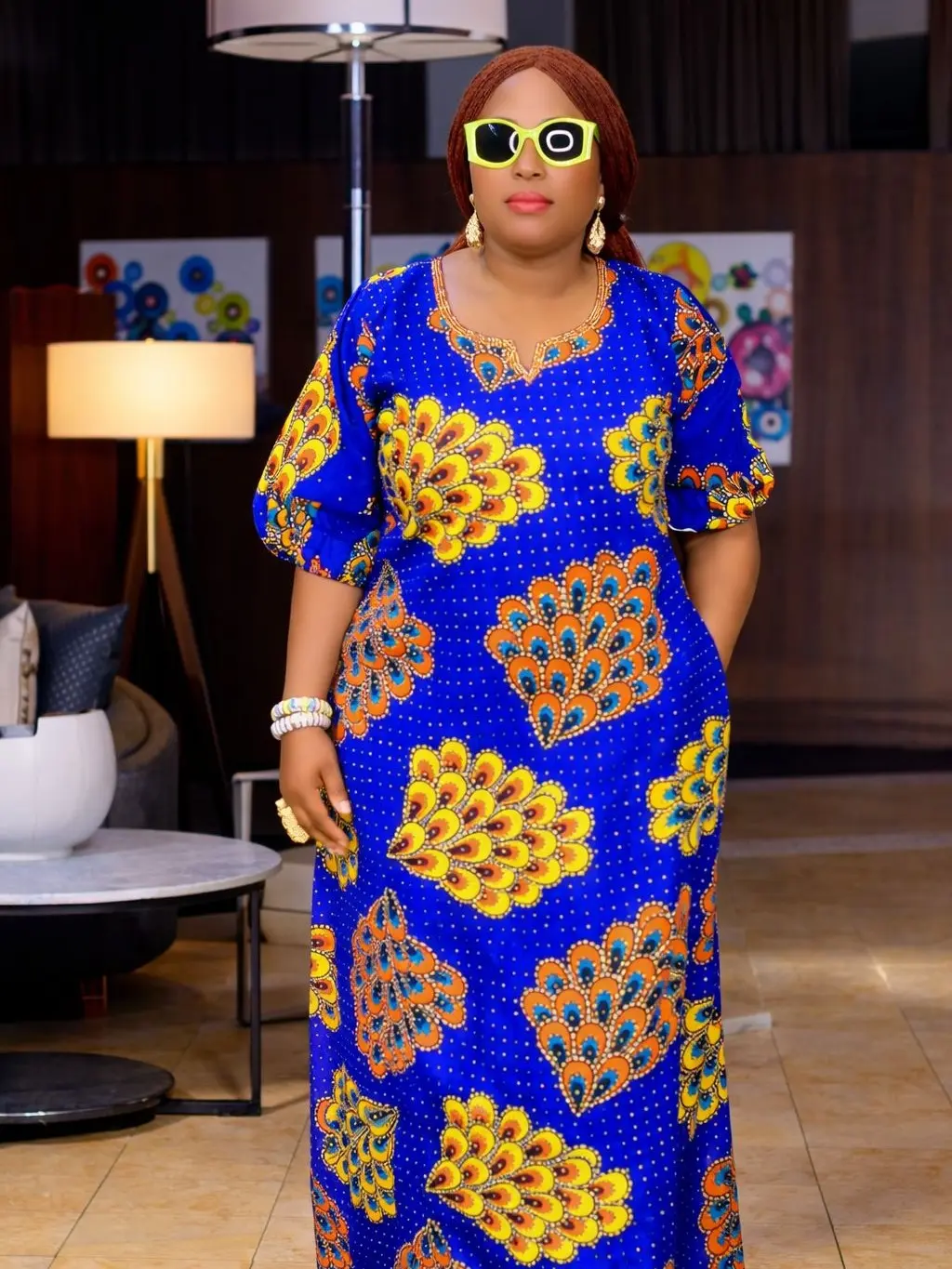 Radiant Royal Blue Peacock Motif Maxi Dress