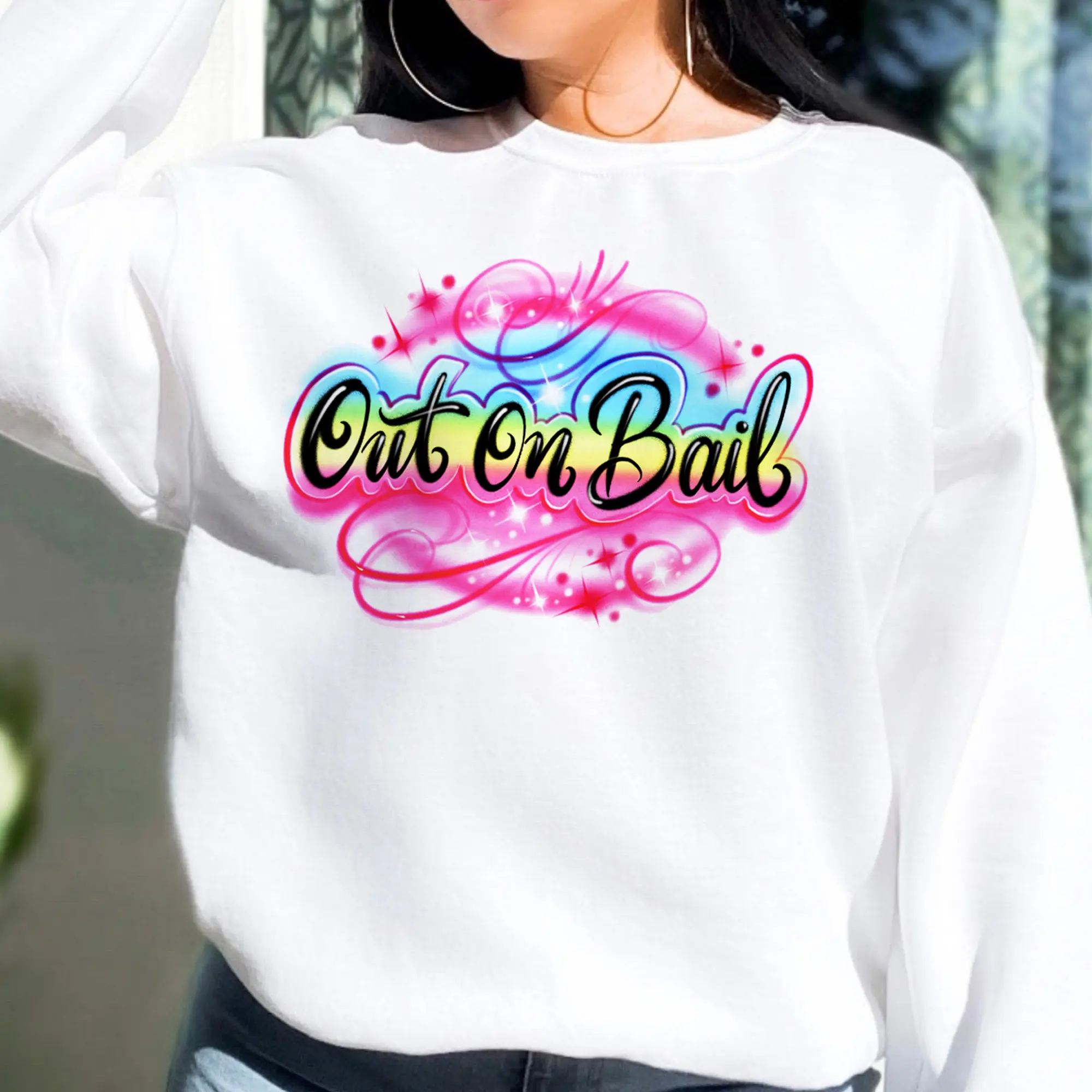 Out on Bail Airbrush Style Screenprint Crewneck Pullover