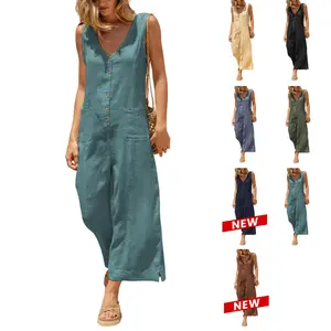 UANEO Women Button Down Jumpsuits Cotton Linen Sleeveless Casual Wide Legs Rompers Loose Overall with Pockets