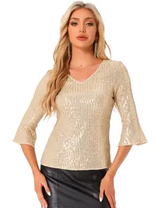 INSPIRE CHIC Sequin Top for Women 3/4 Bell Sleeve V Neck Metallic Sparkly Glitter Party Blouse