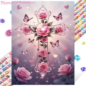 1 set of DIY diamond painting kit, 5D diamond art set, DIY decoration of roses, crosses, and butterflies. Mosaic, diamond art, DIY art home decor.