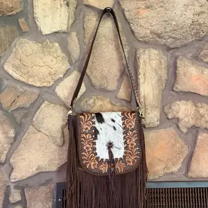 Leather and Cowhide Large Fringe Crossbody Bag with Intricate Embroidery and Tassels