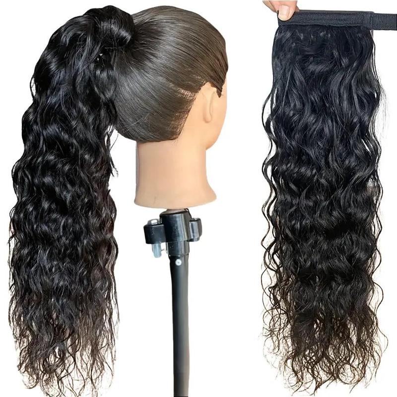 RIVERWOOD Wrap Around Ponytail Extension Human Hair 70% And 30% Heat-Resistant Synthetic Fiber 120g High Elasticity Kimky Curly Water Wave Bubber Band Secure Styling