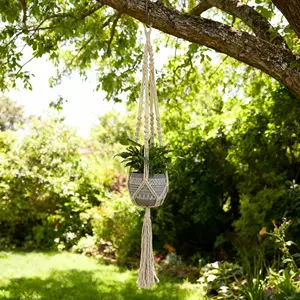 41" H Hanging Macrame Planter with Aztec Ceramic Pot Grey Elegant Indoor Decor for Small to Medium Plants