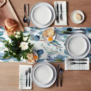 Spring Summer Floral Table Runner with Blue Watercolor Flowers for Indoor Outdoor Home Party Decor Elegant Table Setting