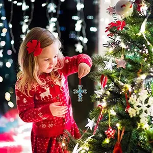 Metal Cross Christian Christmas Ornaments Religious Christmas Ornaments, Teal Cross Keepsake Christmas Ornaments Gifts for Women Girls, Nativity Ornaments for Christmas Tree Decorations