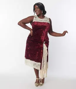 Unique Vintage Burgundy Crushed Velvet & Ivory Lace Flapper Dress