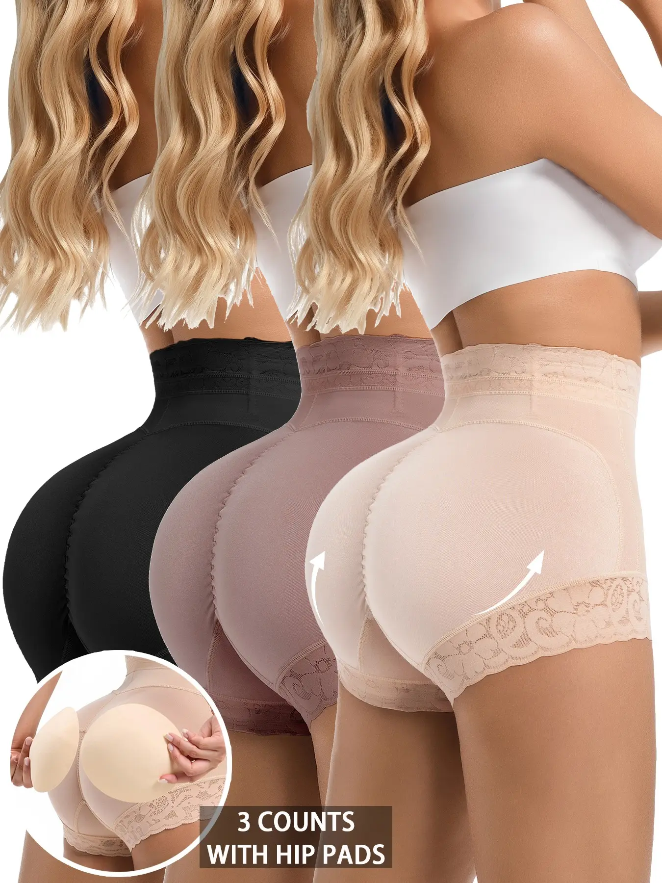 Women's 3 Counts Plain Contrast Lace High Waist Shapewear Shorts with Hip Padding, Casual Tummy Control Butt Lift Shapewear Panties, Ladies Shapewear Bottoms, Underwear, Abdomen Shapewear