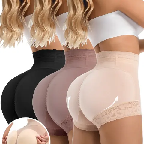 Women's 3 Counts Plain Contrast Lace High Waist Shapewear Shorts with Hip Padding, Casual Tummy Control Butt Lift Shapewear Panties, Ladies Shapewear Bottoms, Body Shaping Underwear, Abdomen Shapewear
